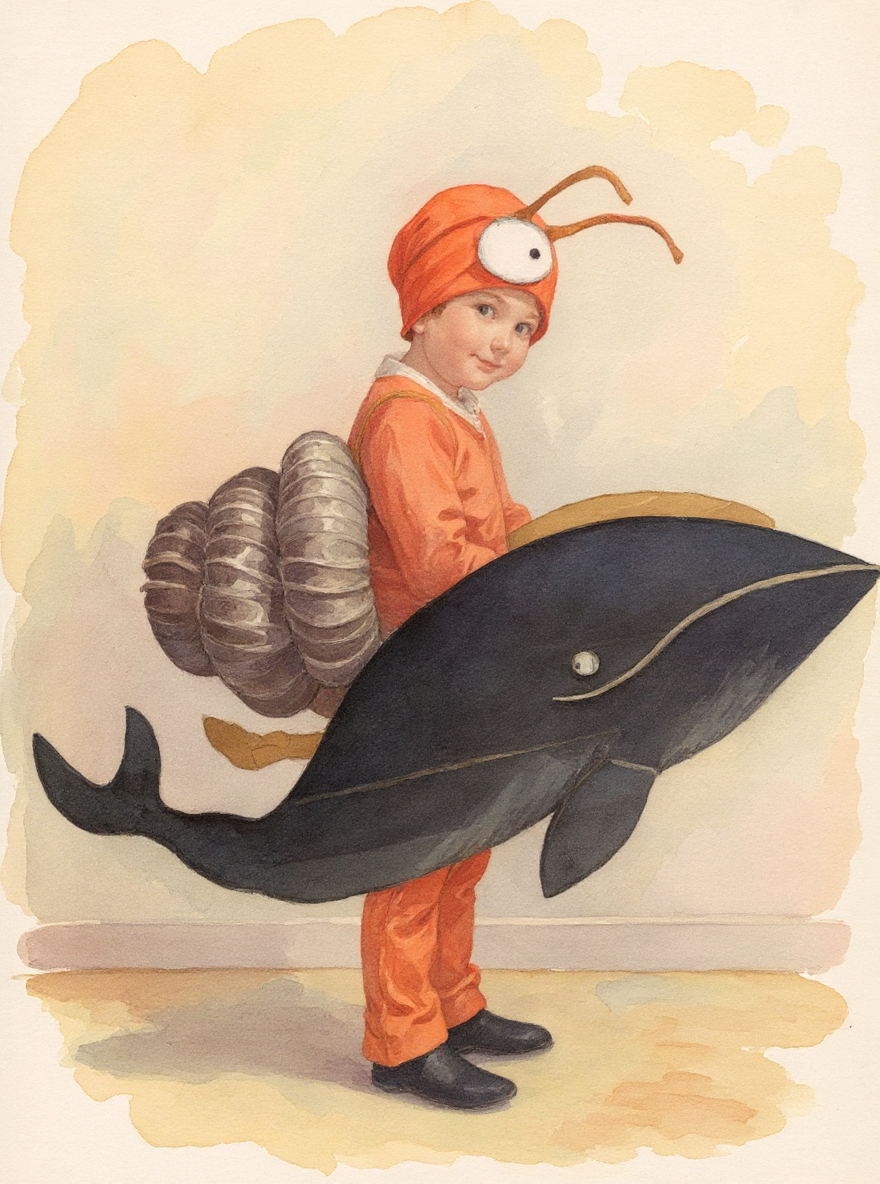 Watercolour storybook portrait of a child in a snail and whale costume