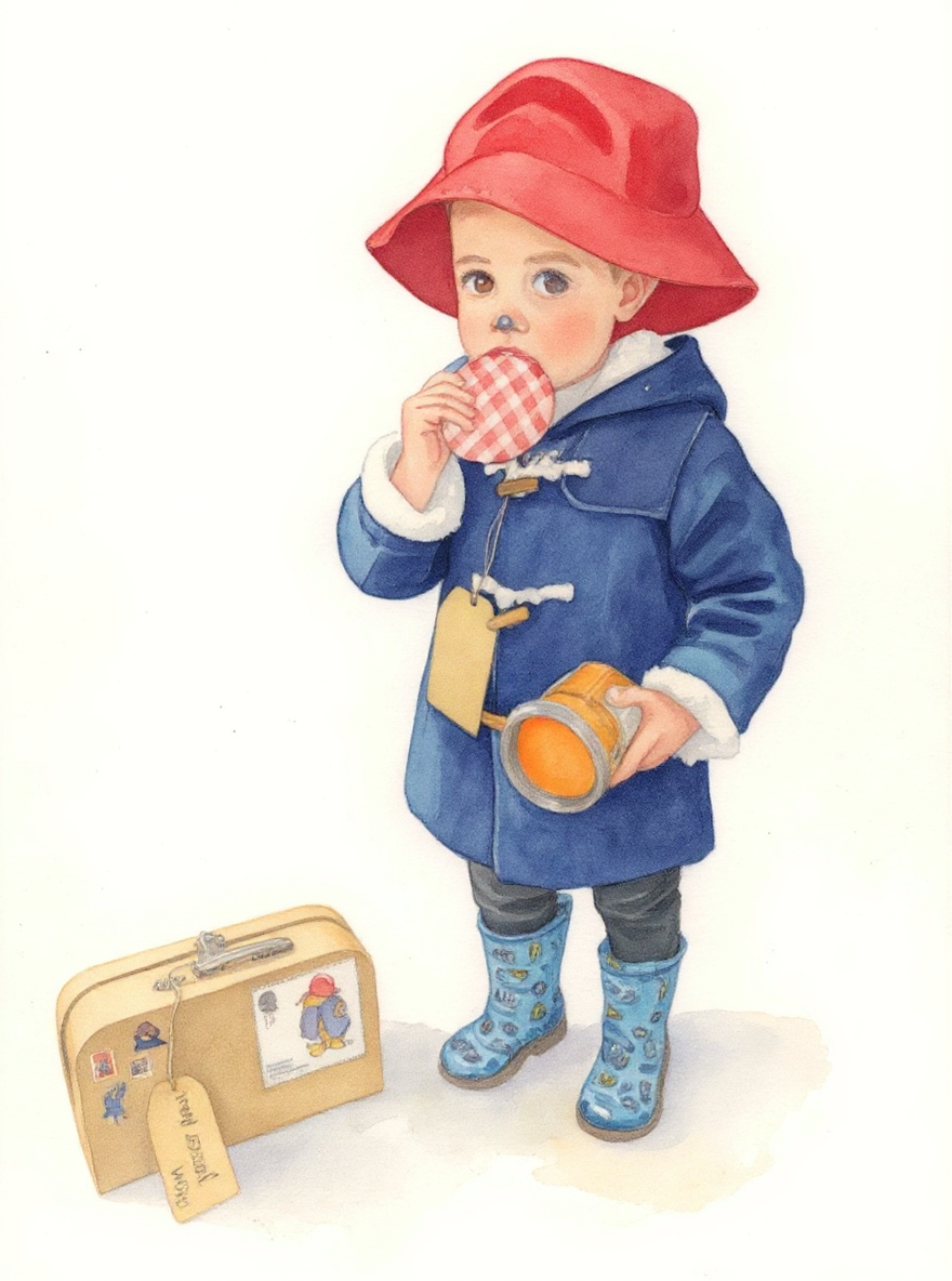 Watercolour storybook portrait of a toddler dressed as Paddington Bear