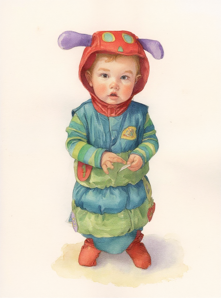 Watercolour storybook portrait of a toddler in a hungry caterpillar costume